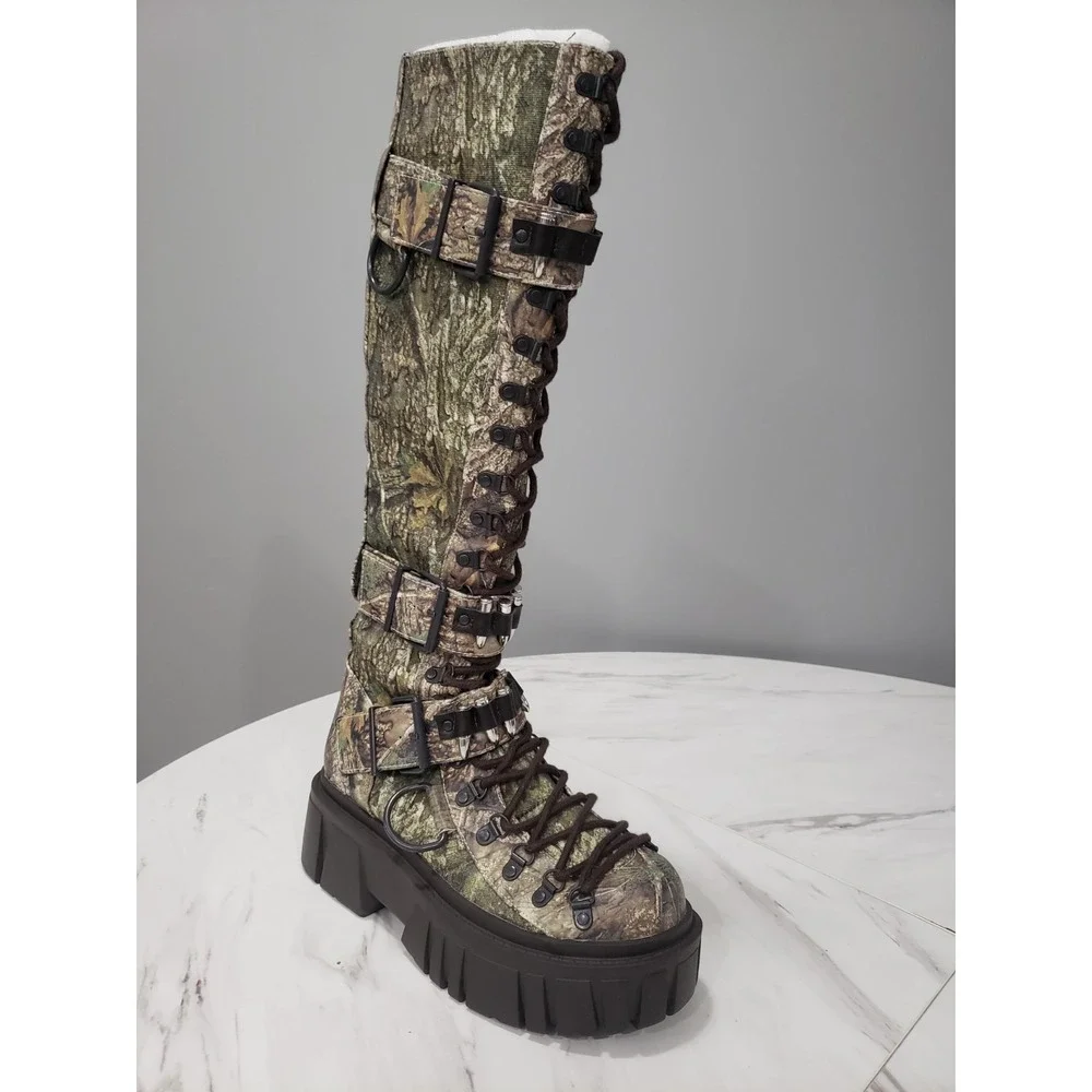 SZ 7 Dolls Kill Critic Knee High Hiker Camo BULLET Buckle Combat Boots REALTREE